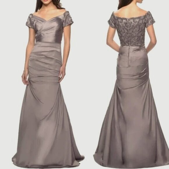 LA FEMME Silver Satin Jewel Embellished Gown Off-shoulders Train 12 MSRP $500 - Picture 1 of 8